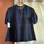 Rebecca Taylor  Lace 100% Silk T Shirt Navy Blue Crew Neck Blouse Top NWT Size XS Photo 4