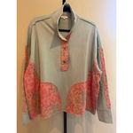 easel  Oversized Flower Patchwork Mock Neck Terry Knit Top in Sage Size S Photo 1