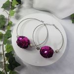 Large Silver Statement Hoop Earrings with Fuchsia Pink Sequin Disco Ball New Photo 0