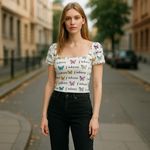 Forever 21 Womens Top Sz M White Print Butterflies J'Adore I Love French Crop Photo 1