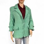 Daniel Rainn  Women’s Green Tweed Blazer Size Large Ruched 3/4 Sleeves Fringed Photo 3