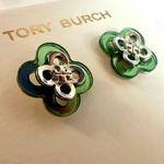 Tory Burch New  Kira Clover Stud Earrings in Green and Silver on TB Earring Card Photo 0