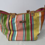 Rosetti Multicolor Striped Canvas Tote Bag Tan Faux Leather Trim Shoulder Purse Photo 0