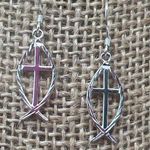 Sterling Silver Ichthys Cross Dangle Earrings Diamond Cut Hook 1.25" 1.74g Photo 0