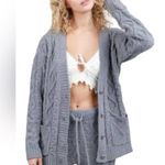 POL Chunky Cable Knit Cardigan Sweater Soft Plush Button Front Womens Small Gray Photo 0