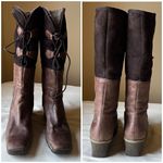 Eric Michael Eric‎ Michael Two-Tone Leather Knee High Boots 39 Fur Lined Wedge Heel Photo 3