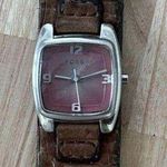 Fossil  Ladies Watch Brown Embroidered Leather Strap Rectangular Pink Dial Photo 3