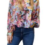 ZARA Blue Floral Print Ruffle Front Long Sleeve V-Neck Blouse Size Large Photo 0