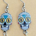 Sugar Skull Seafoam Green Mint Green & Yellow Colored Beaded Dangle Earrings Photo 1