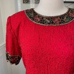 Laurence Kazar NWT NOS  Beaded Sequin Short Sleeve Silk Top Red L Photo 2