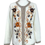 Vintage 70s Folk Art Cottage Cathy Embroidered Floral Cardigan Sweater Large White Photo 0