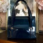 NAVY BLUE PVC VINTAGE 1960'S TOP HANDLE SATCHEL HAND BAG Photo 3