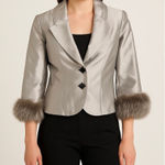 Kay Unger  Metallic Silver Blazer Jacket with Faux Fur Cuffs – Size 10 Photo 0