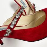 Prada Heels Womens 37.5- US 7.5 Red Suede Mules Jeweled Strap Kitten Heel Photo 4