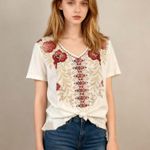 Johnny Was NWOT  Short Sleeve Cream Cotton Embroidered Tee Top T-Shirt Size S Photo 0
