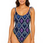 Aerie NEW cheeky coquine one piece tie shoulder swimsuit blue & yellow sz large Photo 0