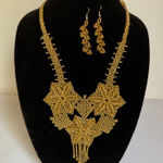 Handcrafted Mexican Gold Beaded Necklace & Earrings Set Floral Artisanal Jewelry Photo 0