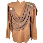 Vintage 80s 90s Viana Knits Brown Tan Sweater Gold Button Attached Fringe Scarf Size undefined Photo 2