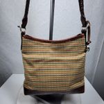 Brighton Tweed Purse Braided Leather Trim Heart Charm Brown Tan Check Photo 1