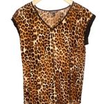 EXPRESS Leopard Satin V‑Neck Blouse Short Sleeve Flowing Silky Top Size M | EUC Photo 0