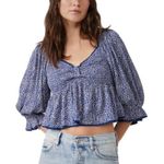 Free People  Brittnee Print Smocked Peplum Crop Top Blue Combo Size XL Photo 0