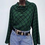 ZARA  Green Plaid Cowl-neck Long Wide Sleeves Oversized Preppy Holiday Top M Photo 0