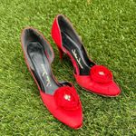 Vintage 1960s John Jerro Red Satin Rosette Heels Size 7.5 Photo 0