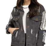 Fabrik Black Distressed Denim Embellished Jean Jacket Size Medium Black Photo 0