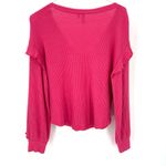 Anthropologie  Pilcro Ruffled V-Neck Waffle Rasberry Pink Long Sleeve Shirt Top Photo 6