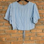 BP Top Women Medium Blue White Striped Tie-Front V-Neck Short Sleeve Blouse Crop Photo 1