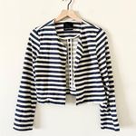 Harlowe & Graham Open Cropped Cardigan Sweatshirt Material Navy & White Stripe L Blue Size L Photo 0