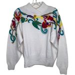 Vintage Floral Embroidered White Cowl Neck Sweater Large Maurada 70s 80s 1970s Photo 0
