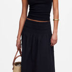 Madewell Smocked Waist Poplin Midi Skirt Cotton A Line Black Pockets XL NWT Photo 0