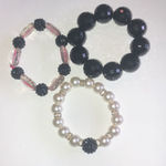 Lot of 3 Black Faux Pearl Clear CZ Beaded Stretchy Boho Vintage Bracelets Photo 2
