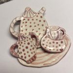 Hand Made Hand Crafted Ceramic Brooch Pin Pink Tea Set Hand Painted Photo 5