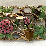 Vintage 3D Enamel Garden Scene Ladybug Flower Pot Gold Tone Rectangle Brooch Pin Multiple Photo 0