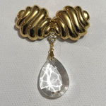 Gold Tone Textured Art Deco Bow Brooch Pin Clear Rhinestones Dangling Bead Photo 0