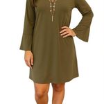 Michael Kors Michael  Olive Green Shift Dress Lace Up V-Neck Bell Sleeve Size S Photo 0
