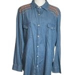 Wrangler Retro Boyfriend Style Embroidered Pearl Snap Chambray Top Large Western Photo 2