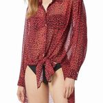 Michael Kors Red Animal Print Cheetah Sheer Long Sleeve Swim Coverup Size S Photo 0