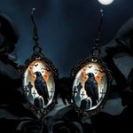 Gothic Funky Raven Cameo Black Frame Alloy & Iron Ear Hooks Glass Inlay Earrings Photo 6