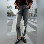 ZARA Straight Mid Rise Fray Hem Jeans Rigid Denim Gray Black sz 28 Photo 3