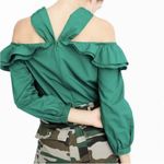 J.Crew  | Blouse 00 Jade Green Ruffled Off-The-Shoulder Tie-Neck Peasant Sleeve Photo 3