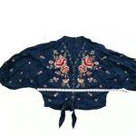 Umgee Women's Navy Floral Embroidered Puff Sleeves Front Waist Tie Blouse Size M Photo 7