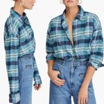 Free People  Oversized Raw Hem Button Down Shirt S Blue Plaid Photo 1