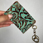 Turquoise Brown Tooled Leather Envelope Card Holder Keychain Wallet Cute Blue Photo 0