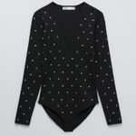 ZARA Women's Bodysuit V Neck Silver Stud Black Size M Photo 6