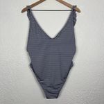 Aerie  Blue/ Grey Metallic Stripe Low Back Ruffle One-Piece Swimsuit Size XL Photo 3