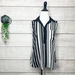 Liberty Love  Black & White Vertical Stripes Sleeveless Collared Blouse Top Small Photo 6