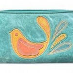Fossil  turquoise Leather Bird Appliqué Zip-Around Wallet Embroidered Boho Festiv Photo 0